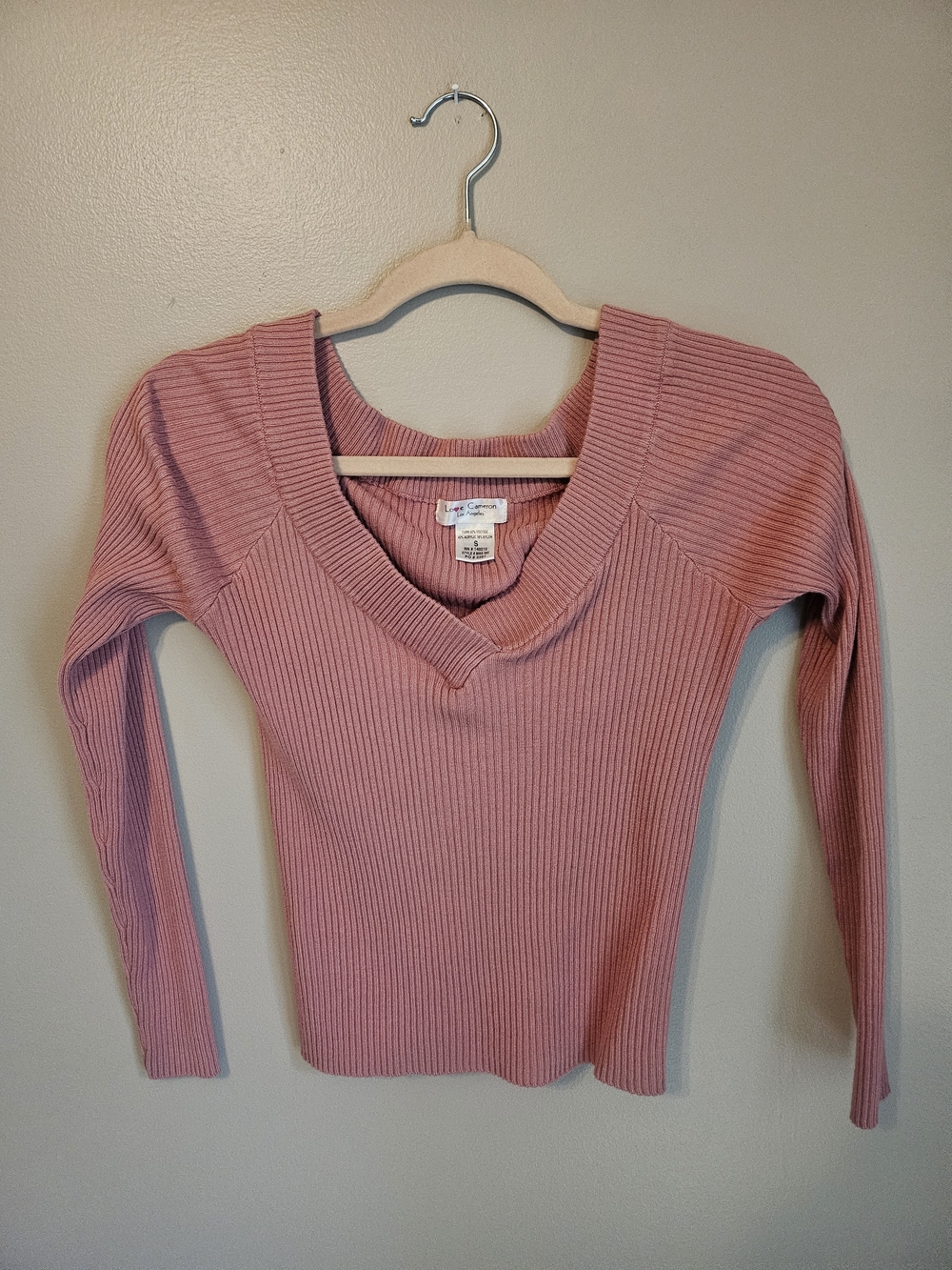 Love Cameron Dusty Rose Ribbed V-Neck Long Sleeve Top